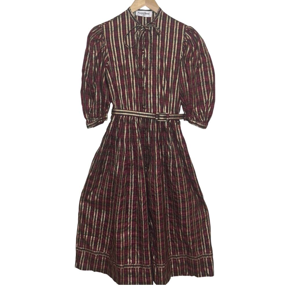 Albert Nipon Union Made Shirt Dress Burgundy Plaid Metallic Gold Belted